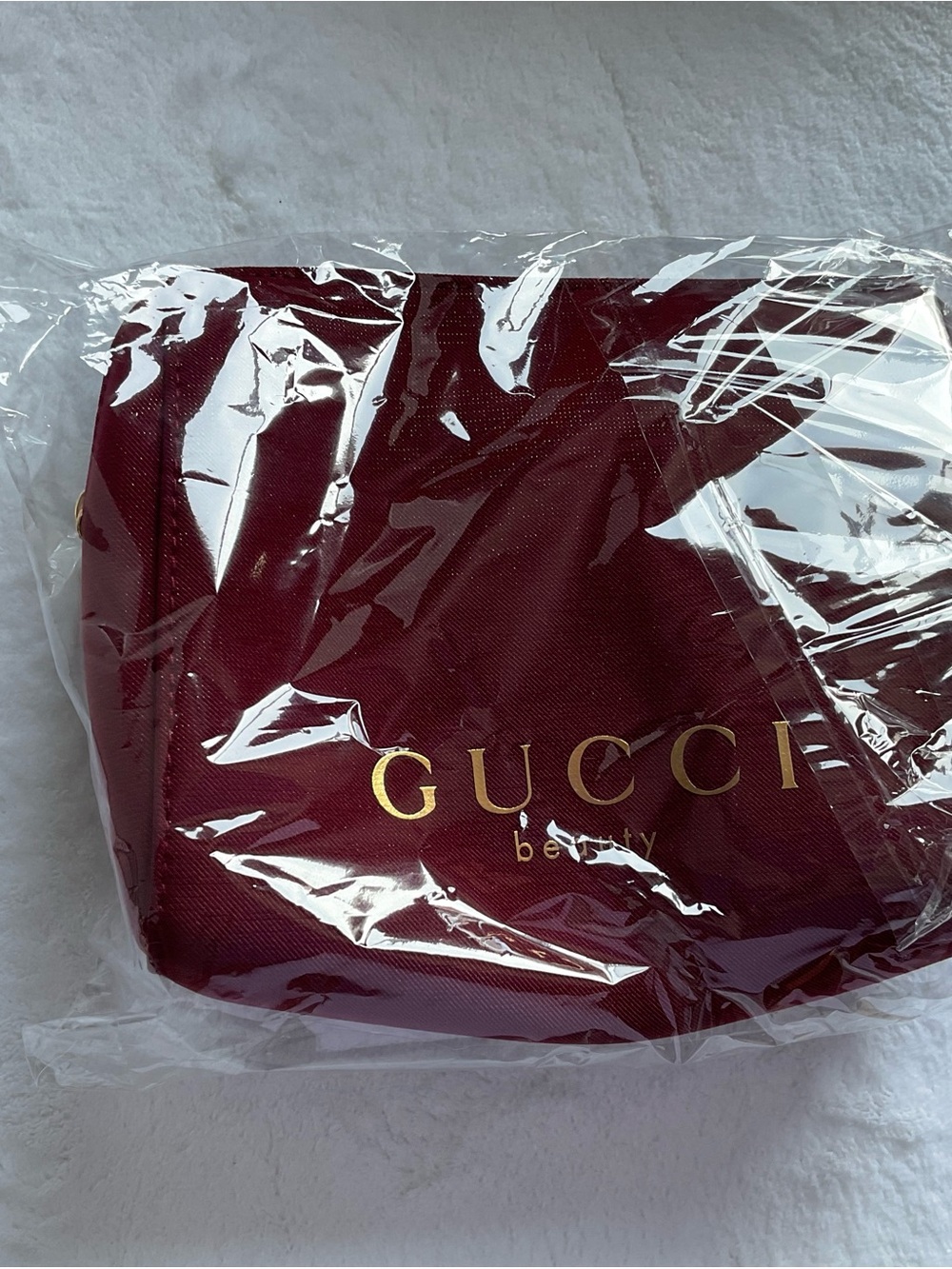 Gucci GWP Burgundy Beauty Cosmetic Pouch with Gold Logo